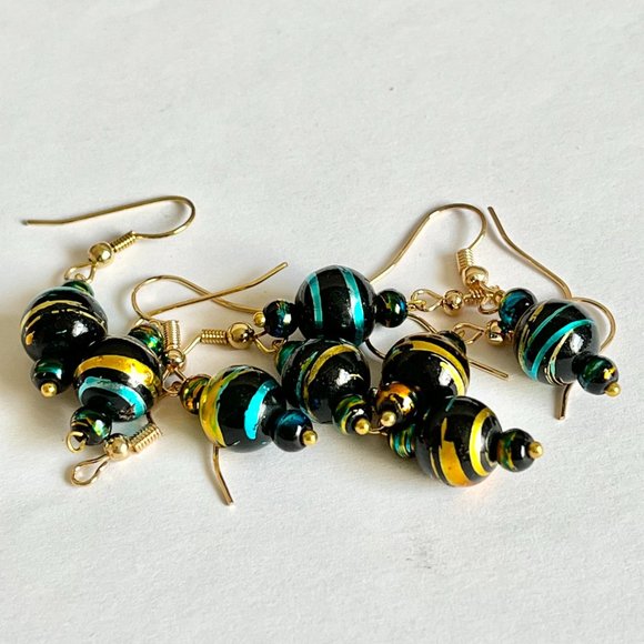 Aqua Blue Black Clear Murano Glass Earrings Bead Hand Painted Round Gold Plated - Picture 7 of 9